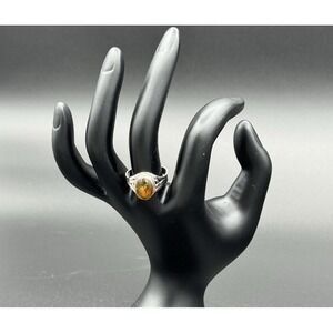 Sterling Silver Amber‎ Ring Size 7.75 Honey Yellow Cabochon 925 Vintage Style